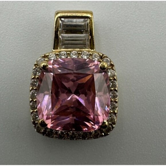 Pink Stone Necklace Pendant Gold Over Sterling Silver CZ Square Halo Setting - Picture 5 of 11